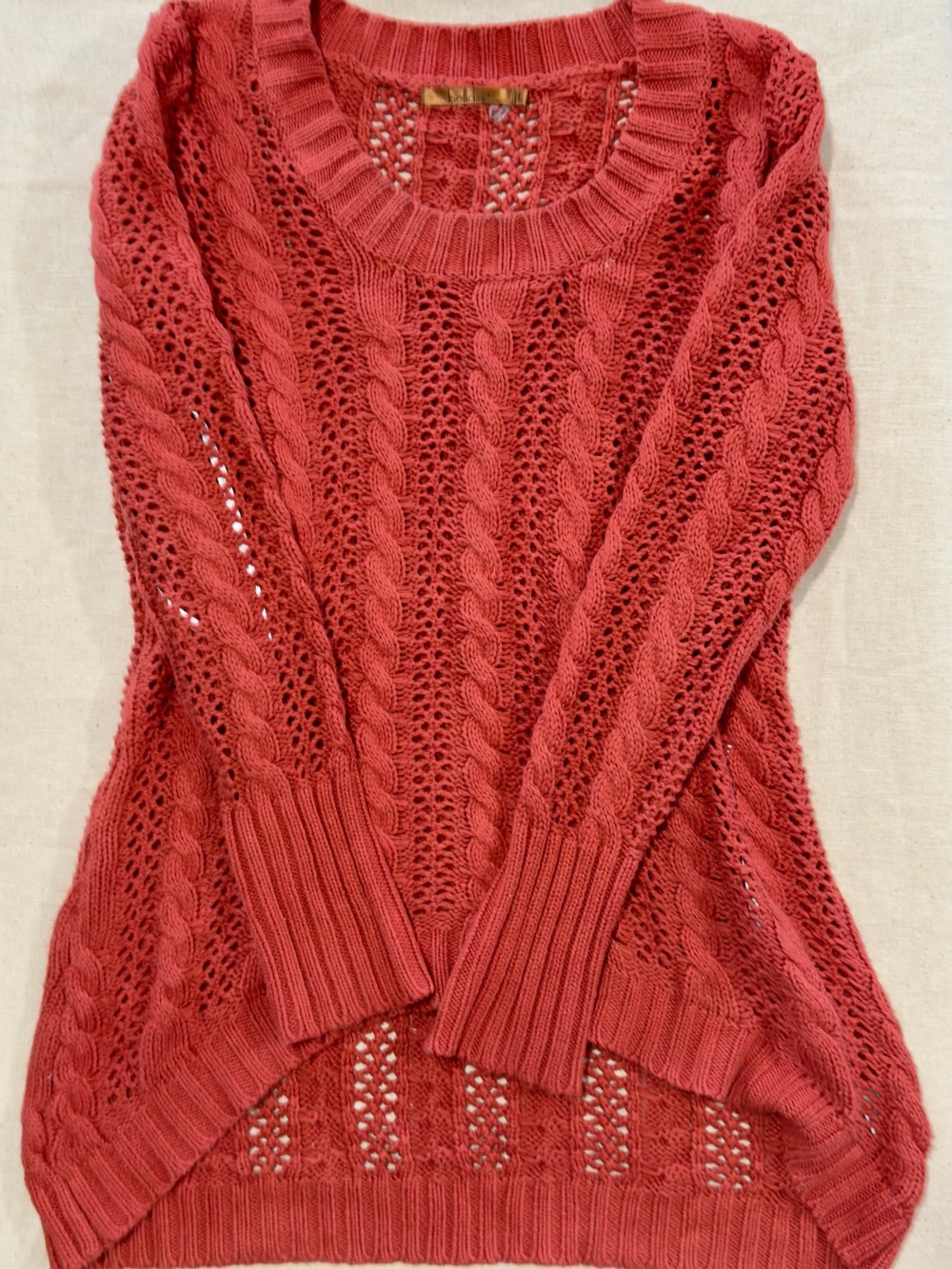 Belldini Open-Knit Cable Crew Sweater in Coral